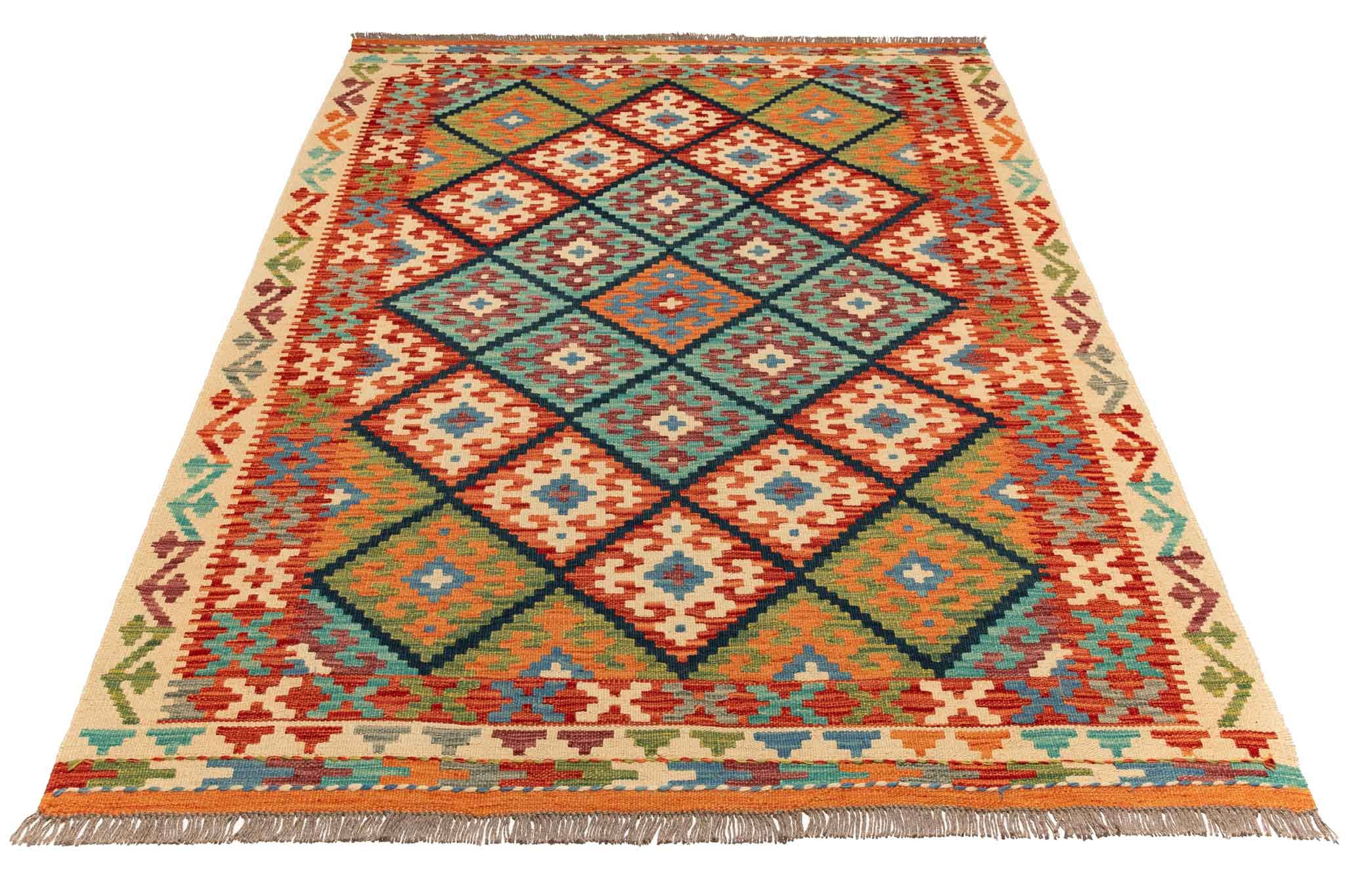 Handgewebter Kelim-Teppich aus Schurwolle, 151 × 198 cm