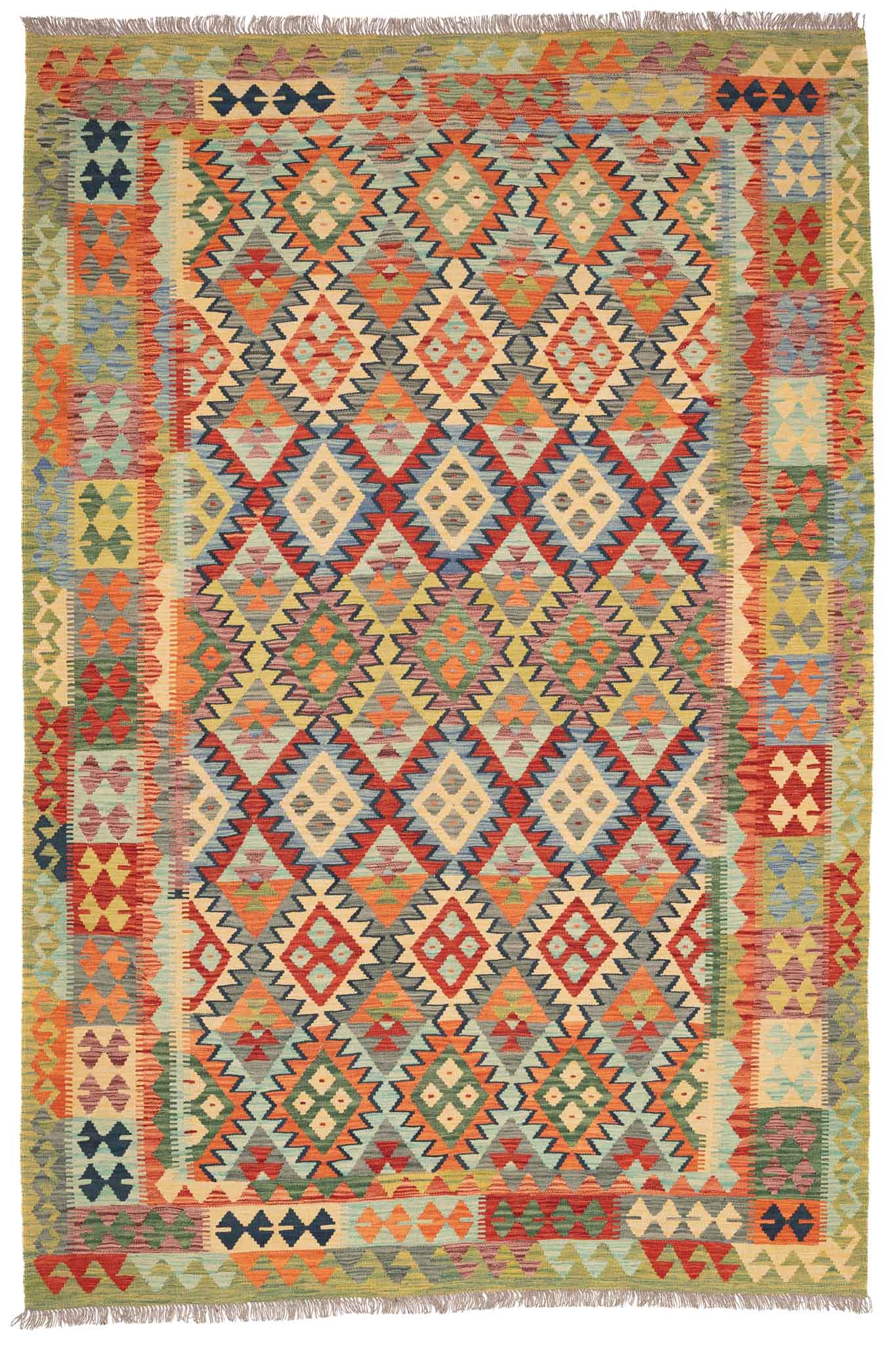 Handgewebter Kelim-Teppich aus Schurwolle, 202 × 304 cm