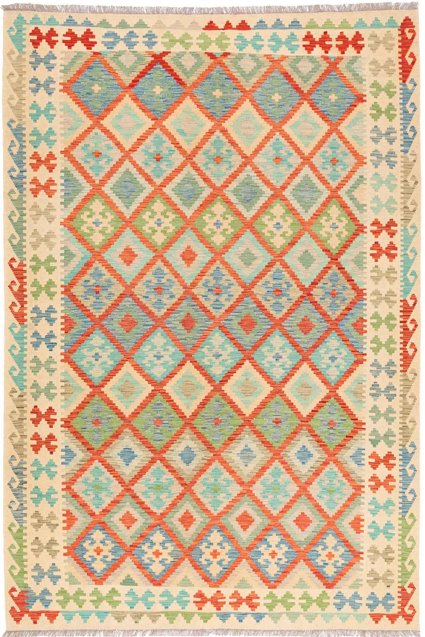 Handgewebter Kelim-Teppich aus Schurwolle, 196 × 296 cm