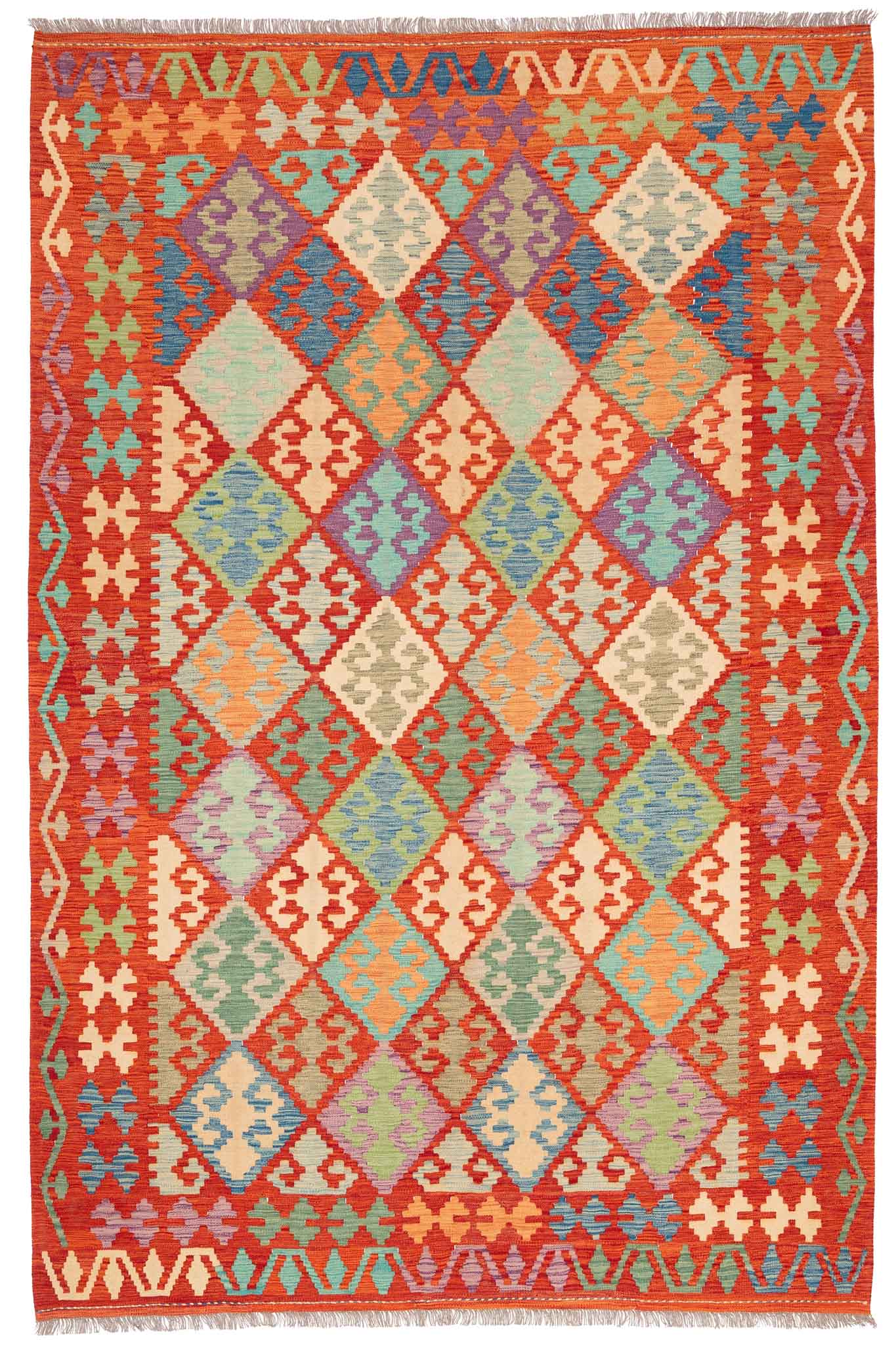 Handgewebter Kelim-Teppich aus Schurwolle, 196 × 299 cm