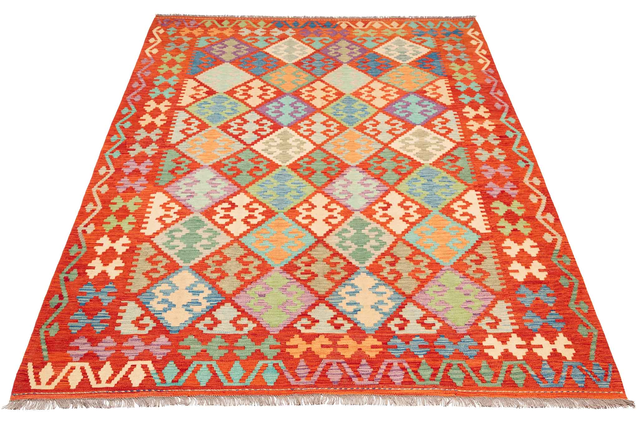 Handgewebter Kelim-Teppich aus Schurwolle, 196 × 299 cm
