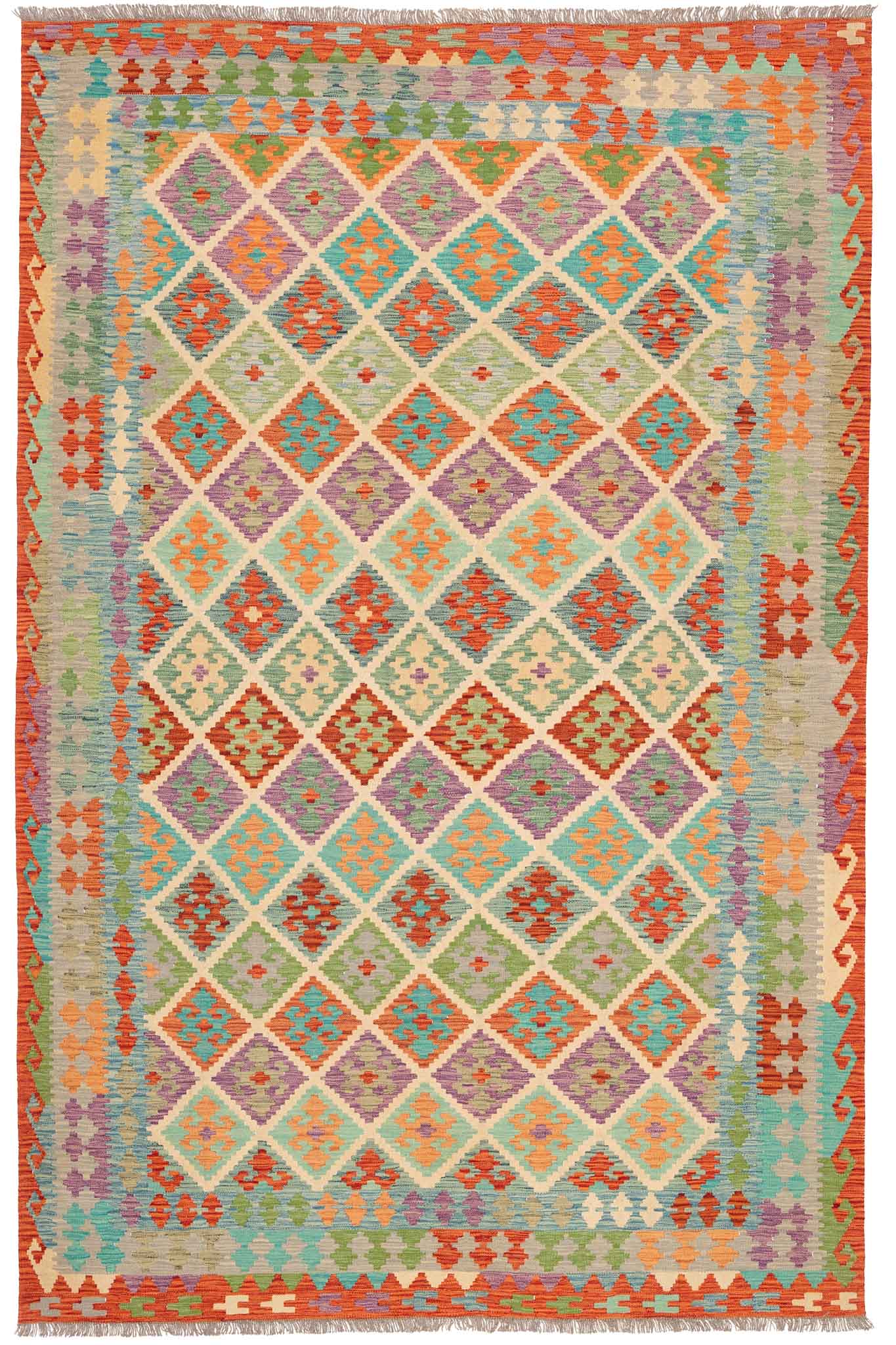 Handgewebter Kelim-Teppich aus Schurwolle, 204 × 314 cm