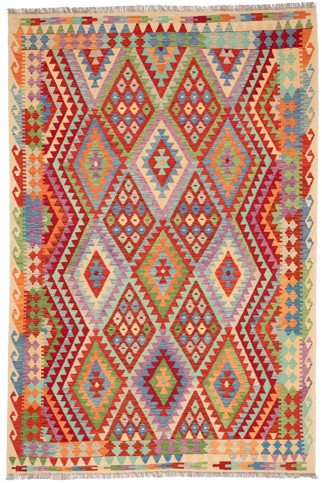 Handgewebter Kelim-Teppich aus Schurwolle, 200 × 302 cm
