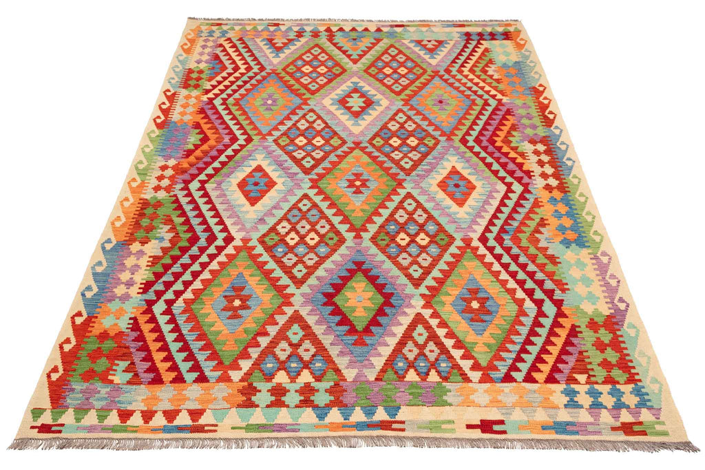 Handgewebter Kelim-Teppich aus Schurwolle, 200 × 302 cm