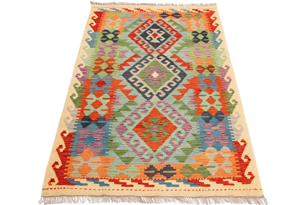Handgewebter Kelim-Teppich aus Schurwolle, 104 × 156 cm