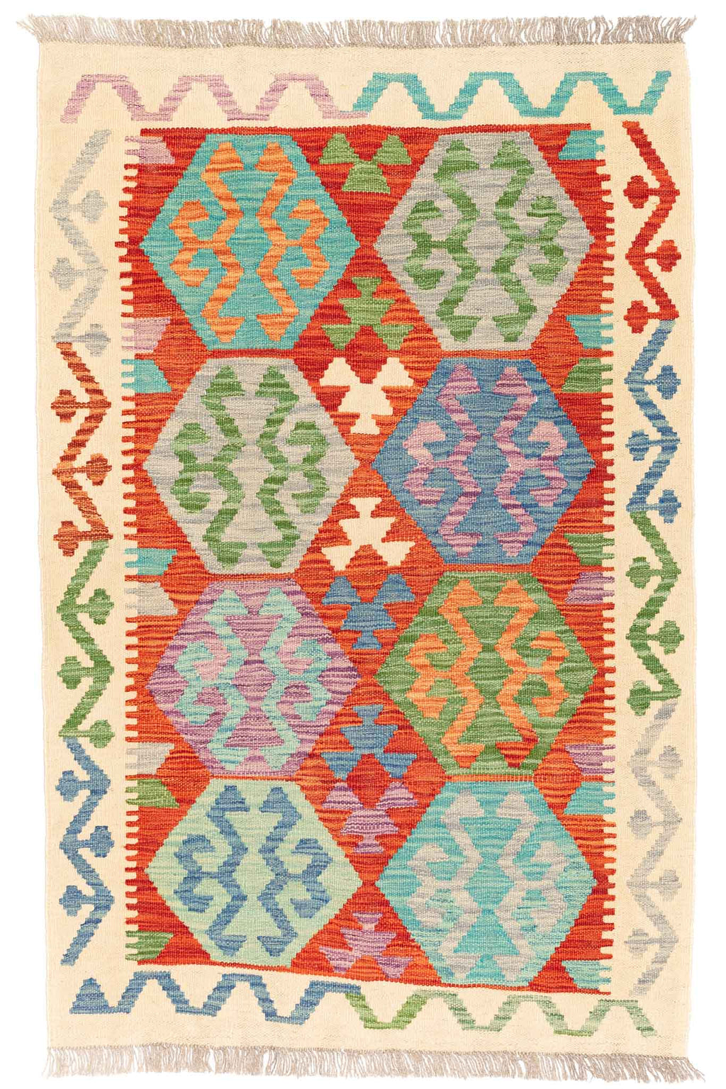 Handgewebter Kelim-Teppich aus Schurwolle, 95 × 146 cm