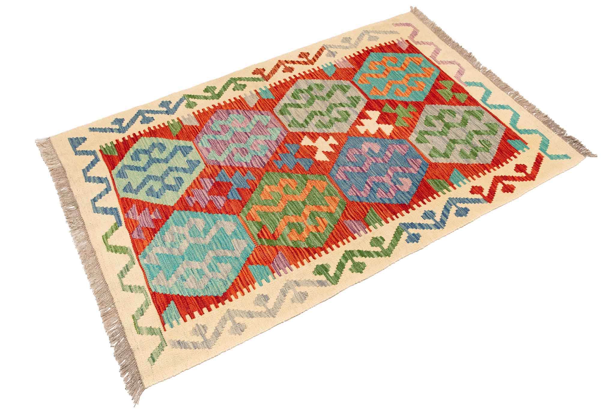 Handgewebter Kelim-Teppich aus Schurwolle, 95 × 146 cm