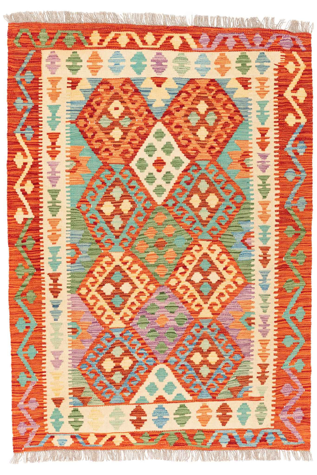 Handgewebter Kelim-Teppich aus Schurwolle, 106 × 148 cm