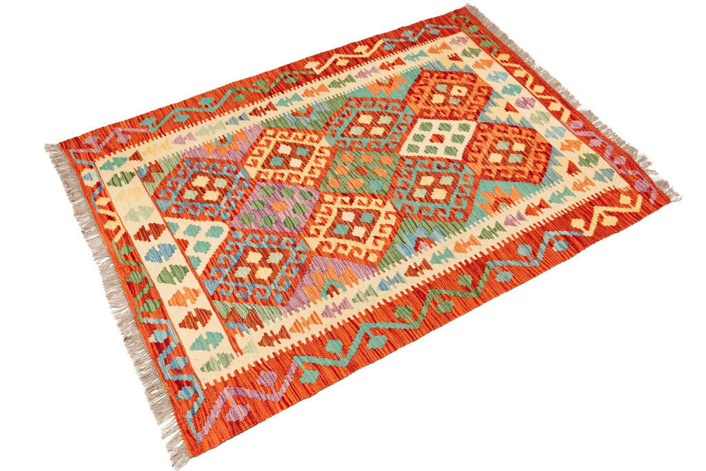 Handgewebter Kelim-Teppich aus Schurwolle, 106 × 148 cm