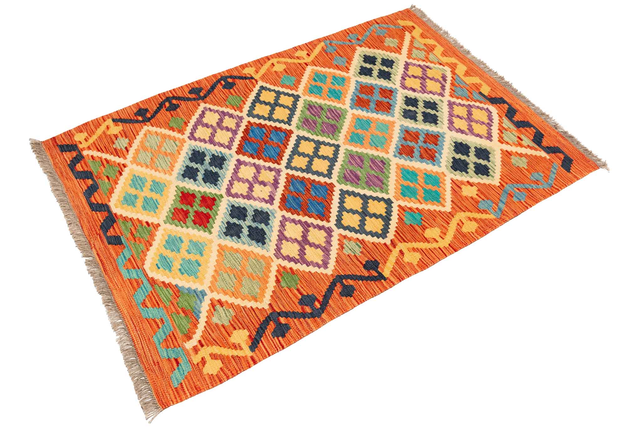 Handgewebter Kelim-Teppich aus Schurwolle, 105 × 150 cm