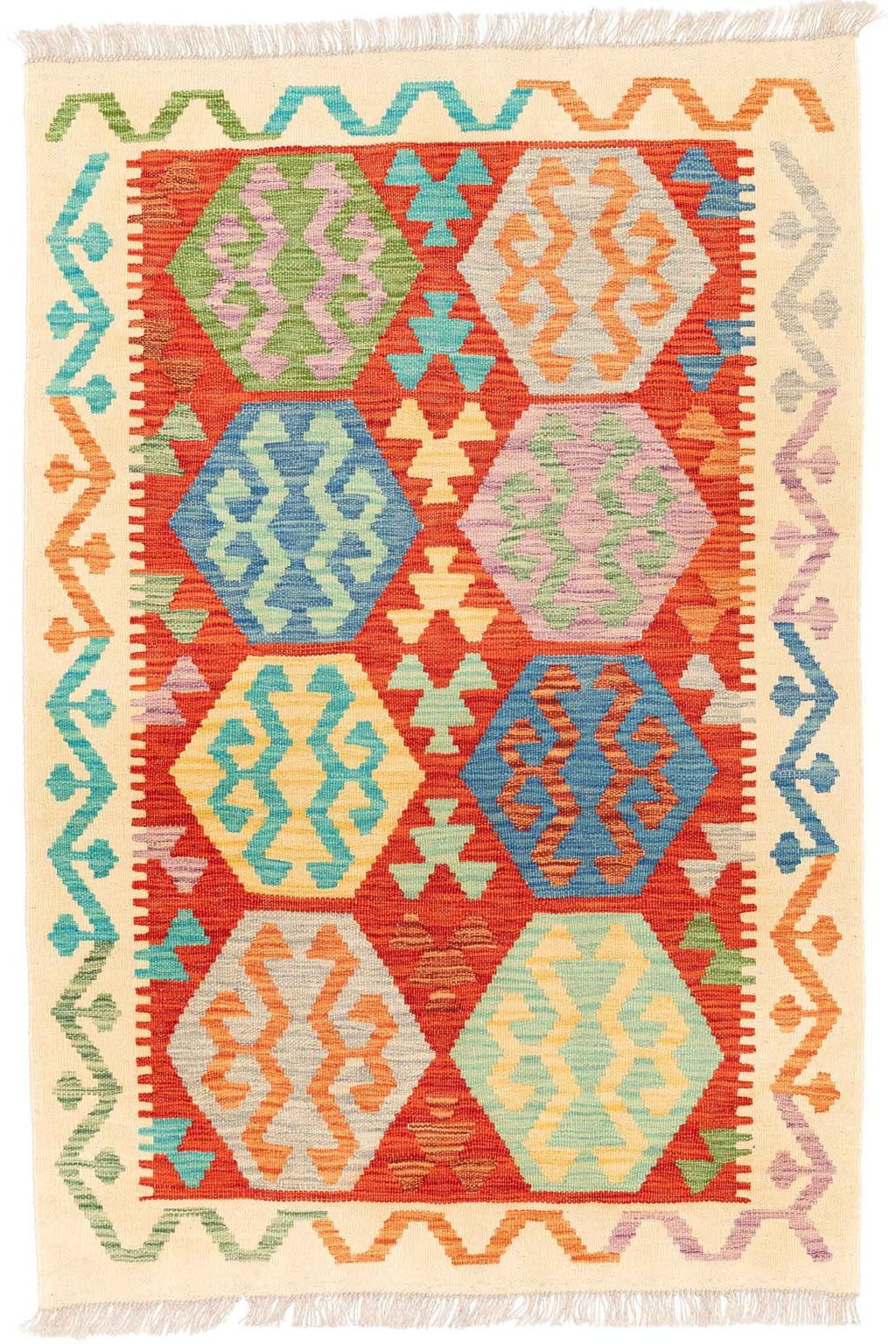 Handgewebter Kelim-Teppich aus Schurwolle, 98 × 145 cm