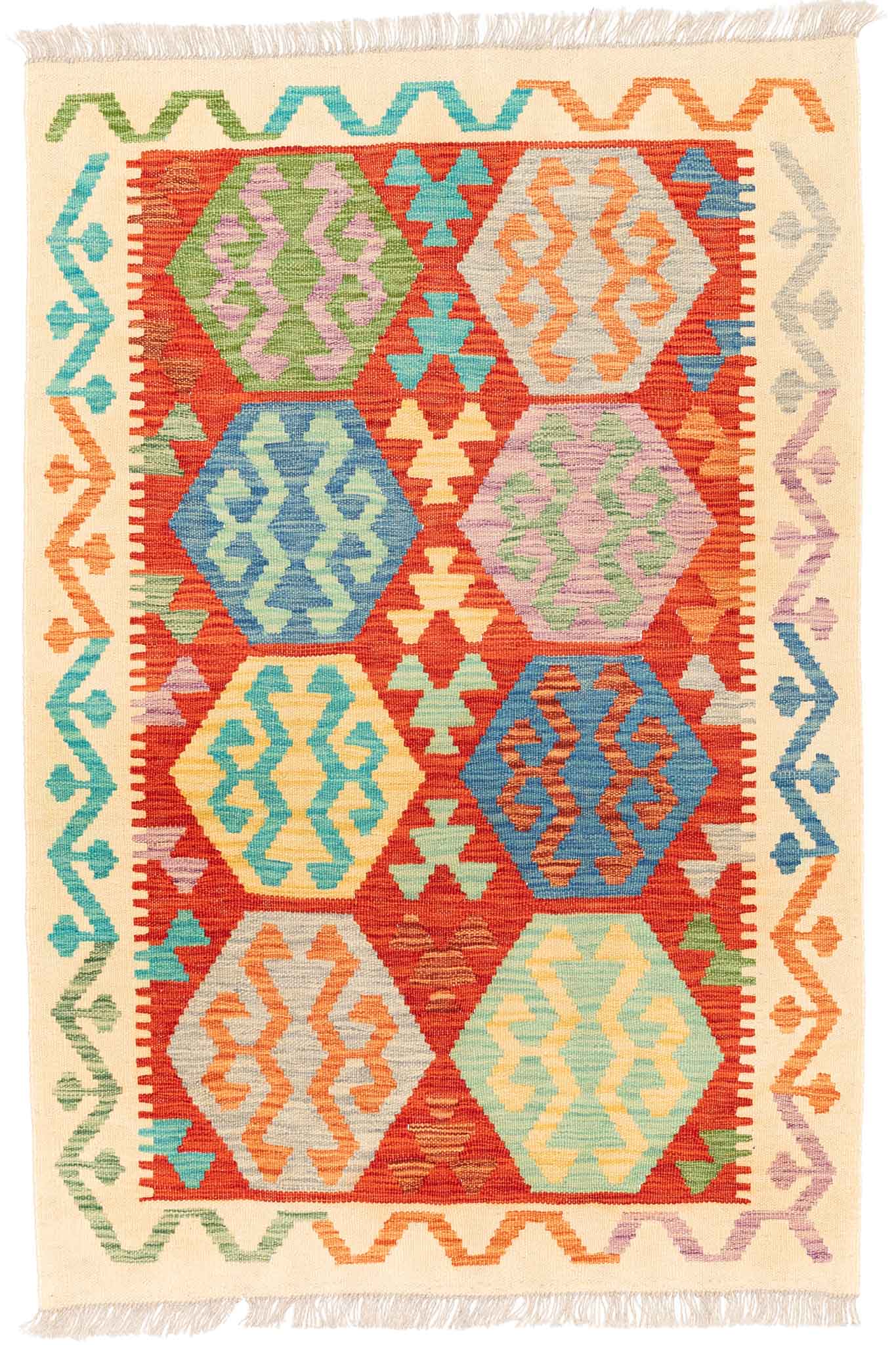 Handgewebter Kelim-Teppich aus Schurwolle, 98 × 145 cm