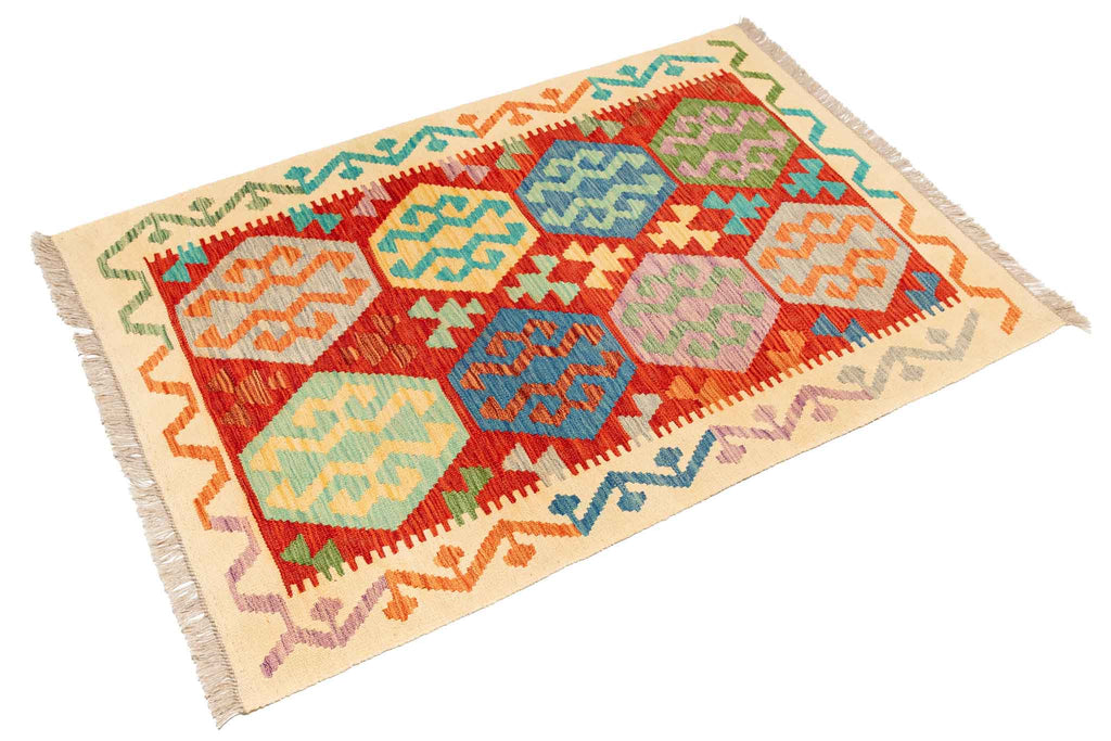 Handgewebter Kelim-Teppich aus Schurwolle, 98 × 145 cm