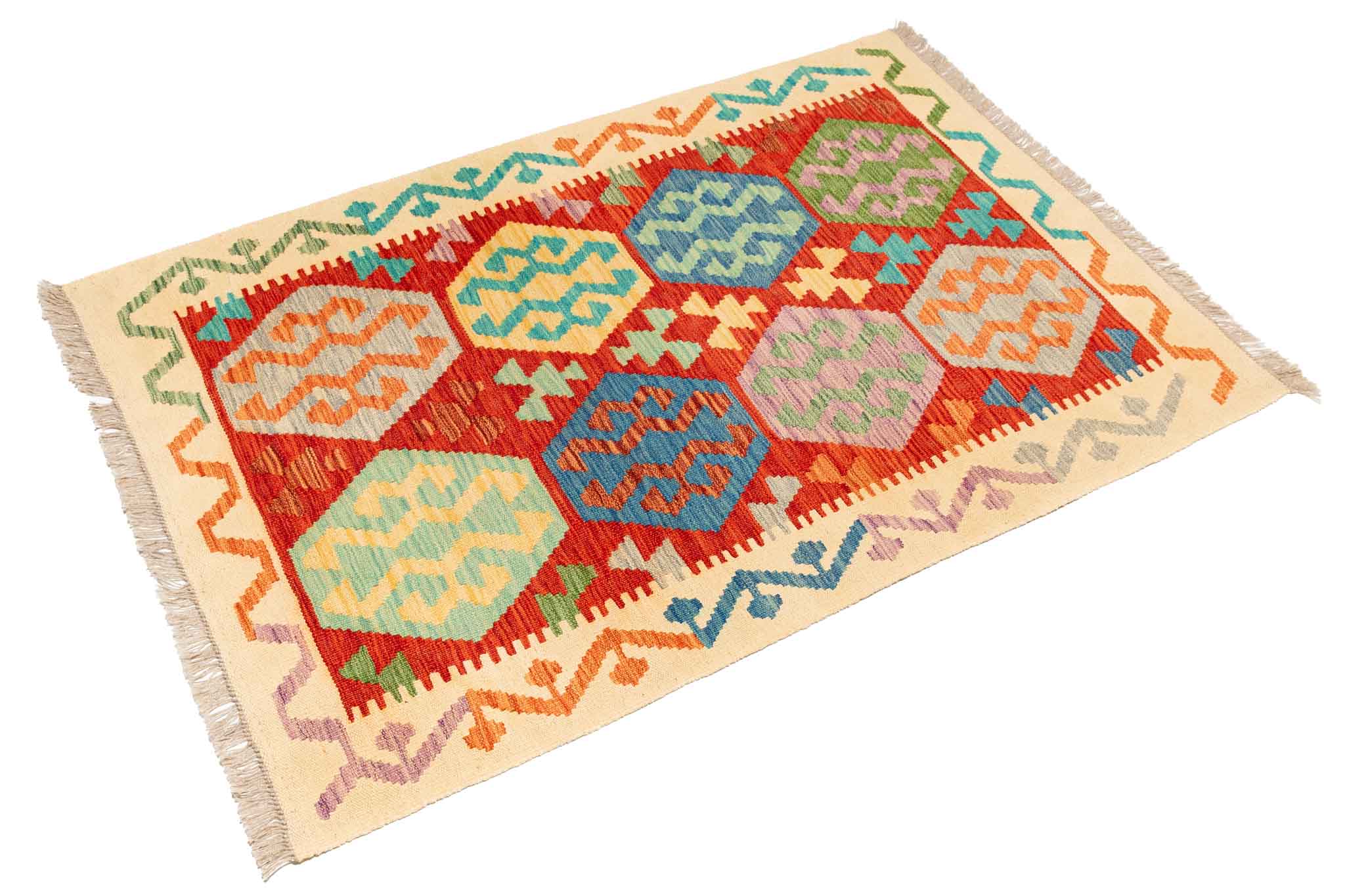 Handgewebter Kelim-Teppich aus Schurwolle, 98 × 145 cm