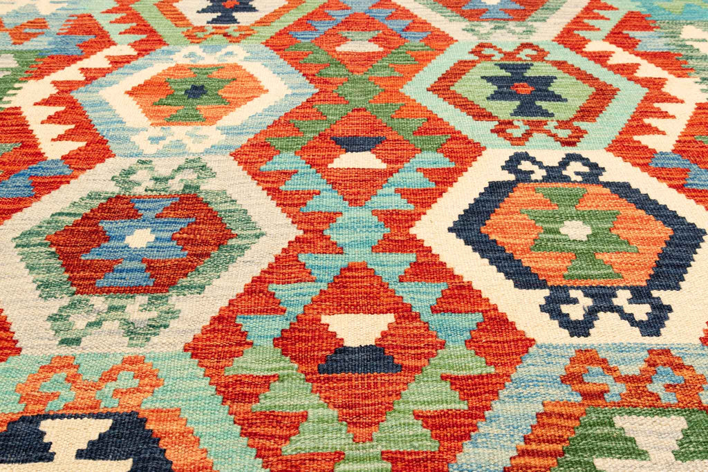 Handgewebter Kelim-Teppich aus Schurwolle, 150 × 196 cm