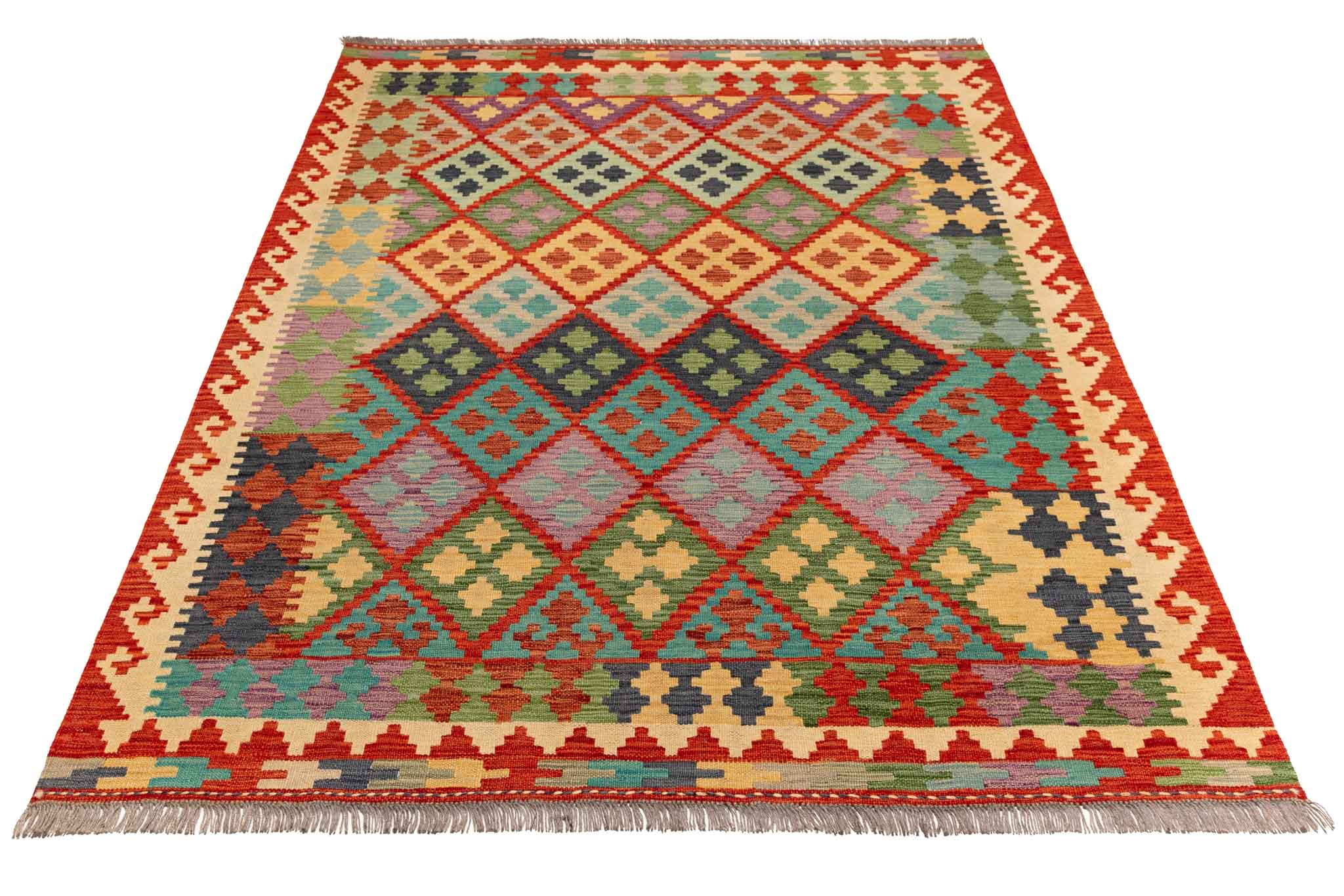 Handgewebter Kelim-Teppich aus Schurwolle, 152 × 197 cm