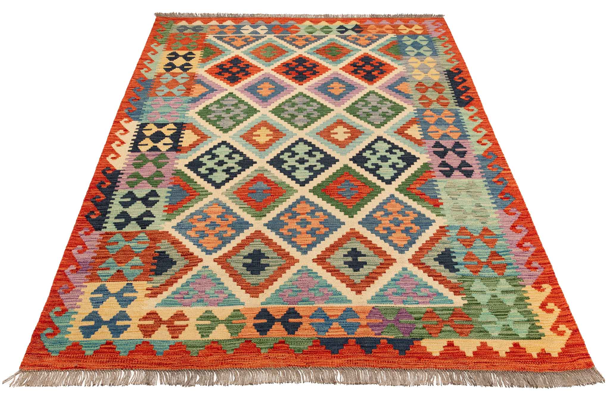 Handgewebter Kelim-Teppich aus Schurwolle, 150 × 200 cm
