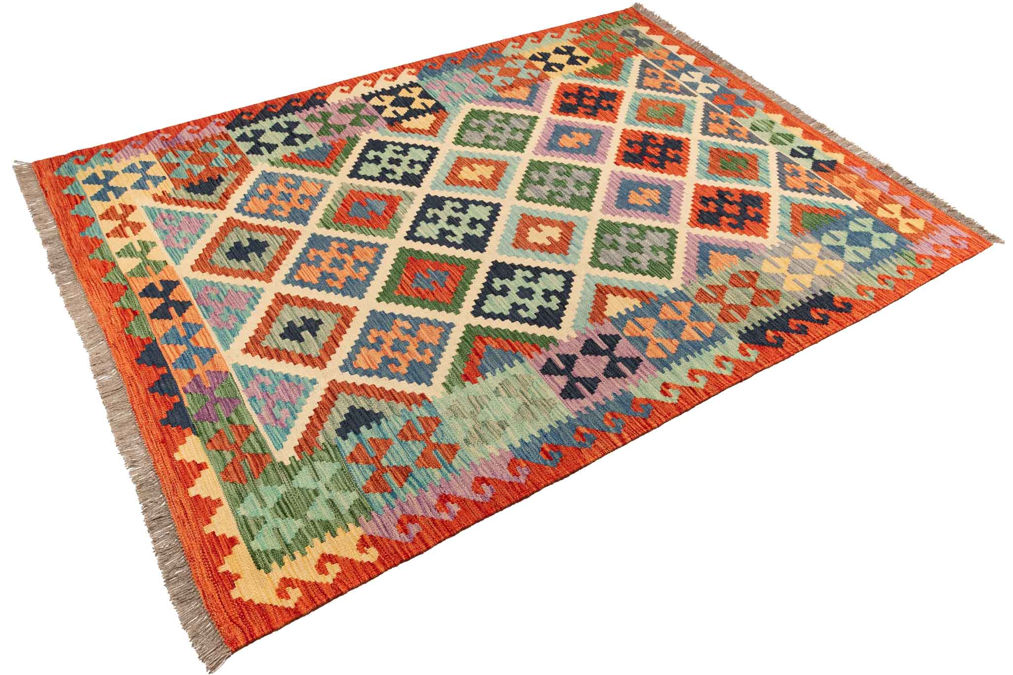 Handgewebter Kelim-Teppich aus Schurwolle, 150 × 200 cm