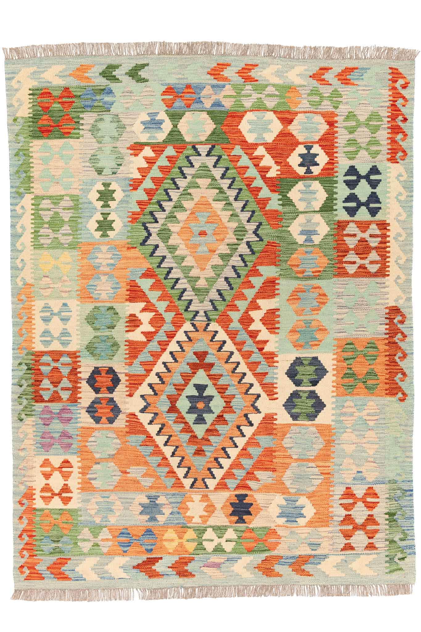 Handgewebter Kelim-Teppich aus Schurwolle, 146 × 193 cm