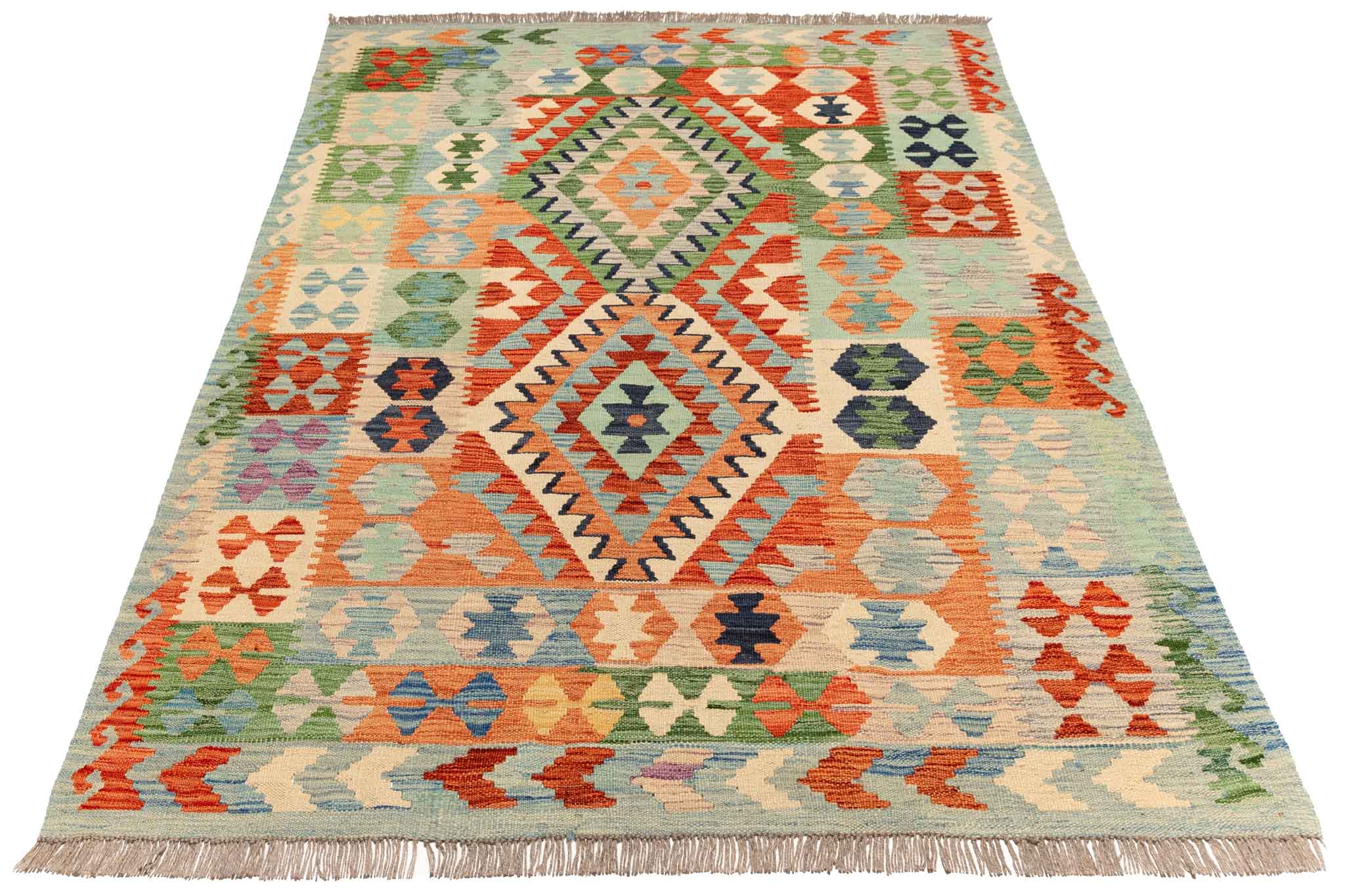 Handgewebter Kelim-Teppich aus Schurwolle, 146 × 193 cm