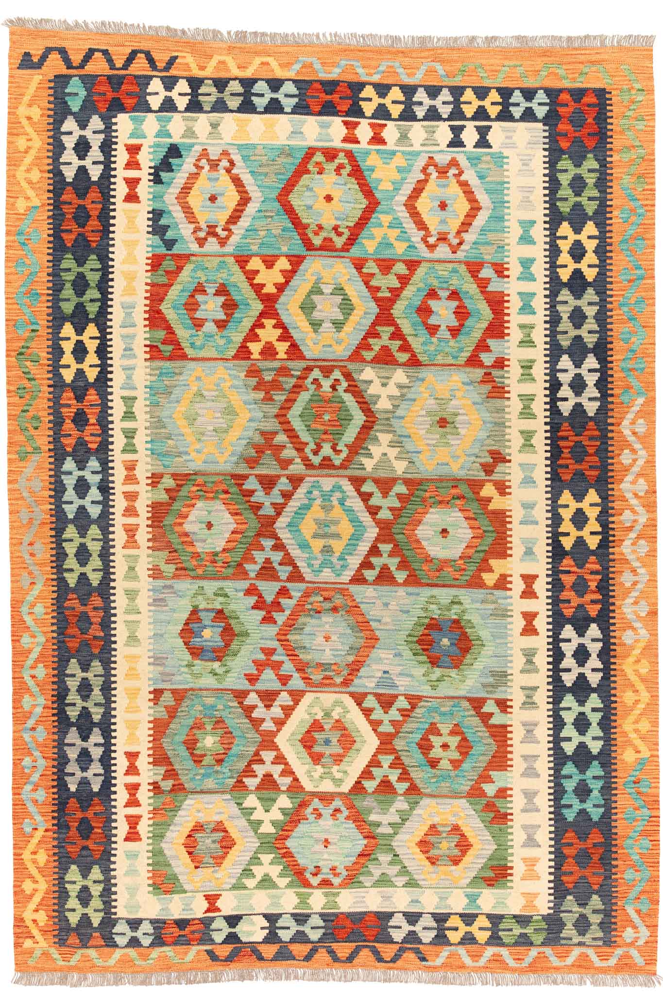 Handgewebter Kelim-Teppich aus Schurwolle, 204 × 295 cm