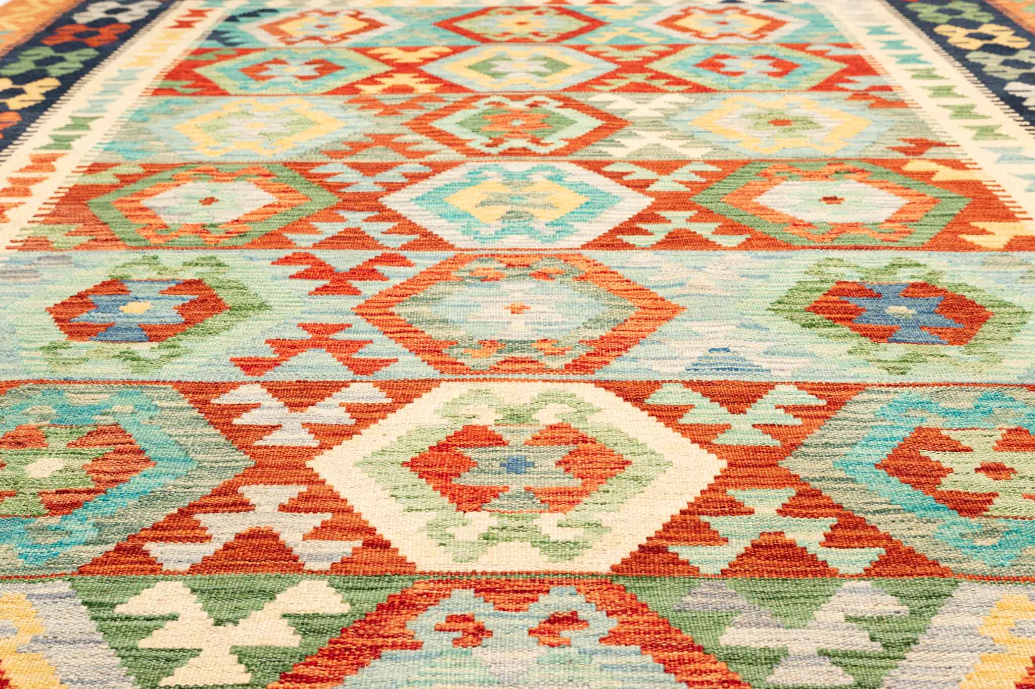 Handgewebter Kelim-Teppich aus Schurwolle, 204 × 295 cm