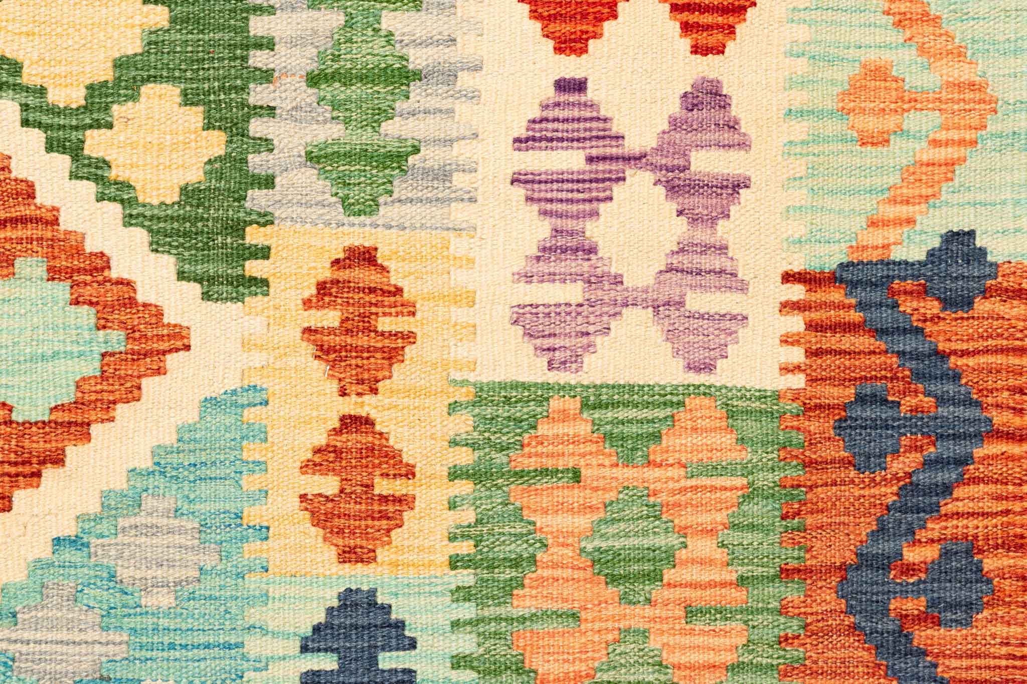 Handgewebter Kelim-Teppich aus Schurwolle, 203 × 310 cm