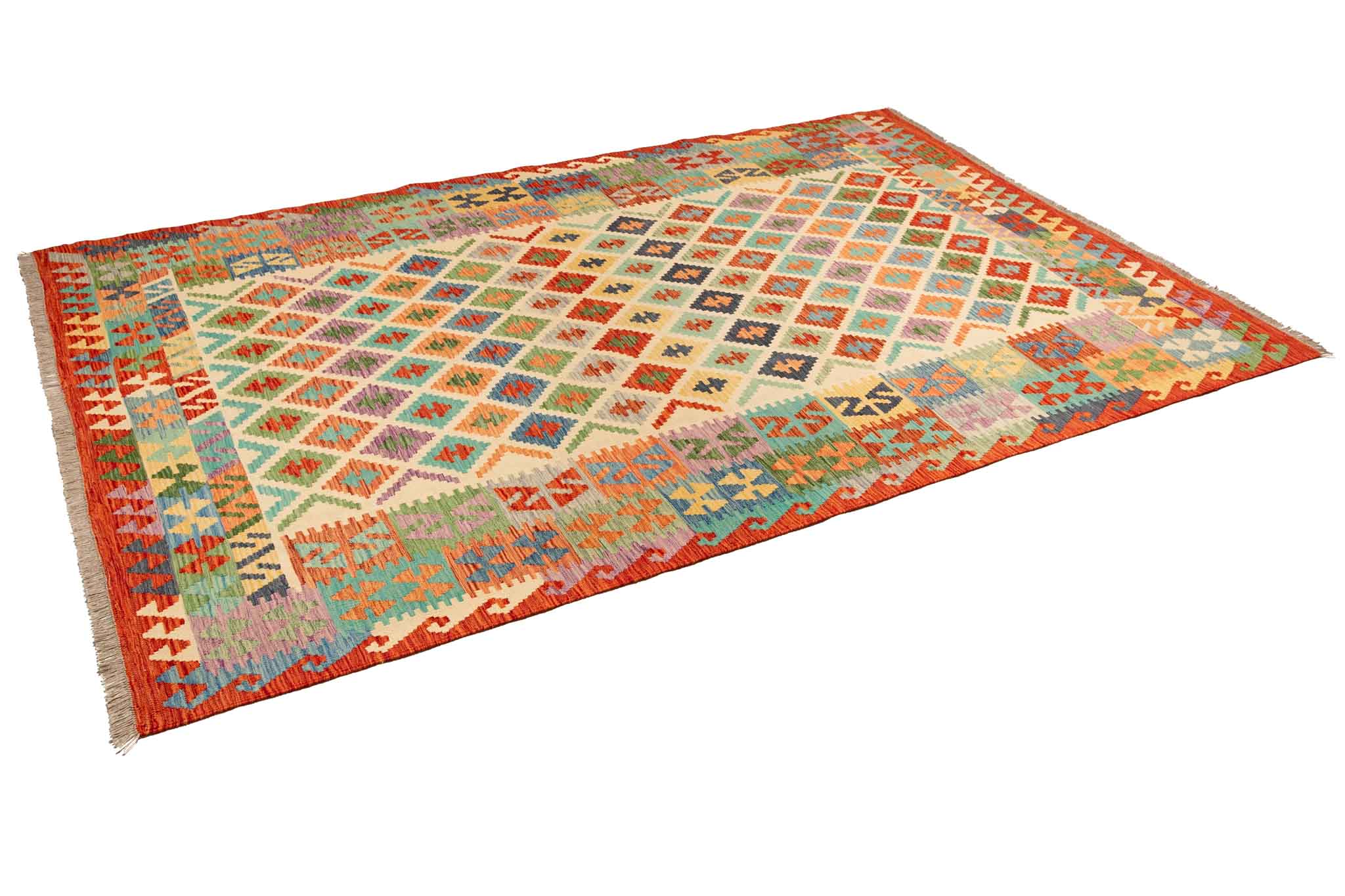 Handgewebter Kelim-Teppich aus Schurwolle, 204 × 299 cm