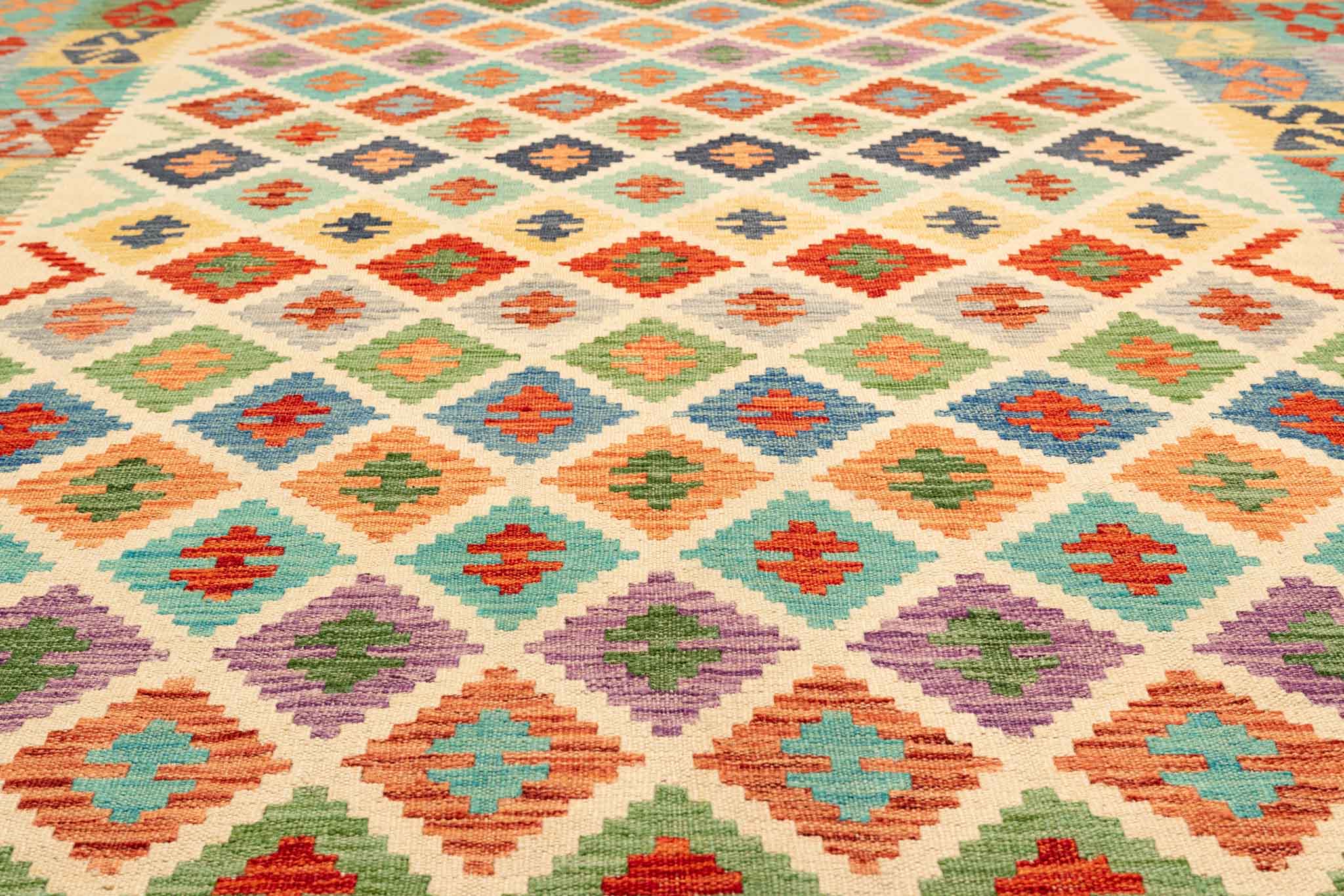 Handgewebter Kelim-Teppich aus Schurwolle, 204 × 299 cm