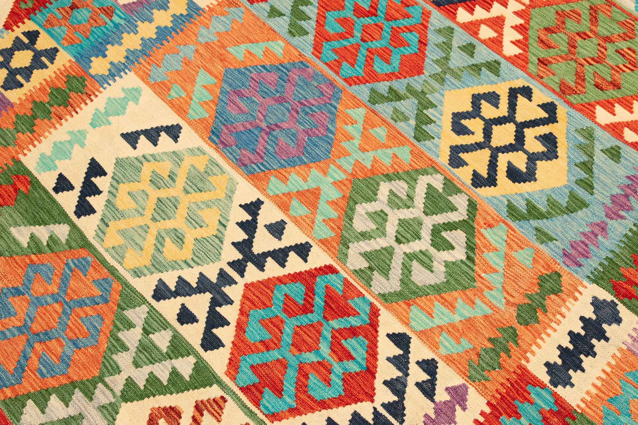 Handgewebter Kelim-Teppich aus Schurwolle, 200 × 300 cm