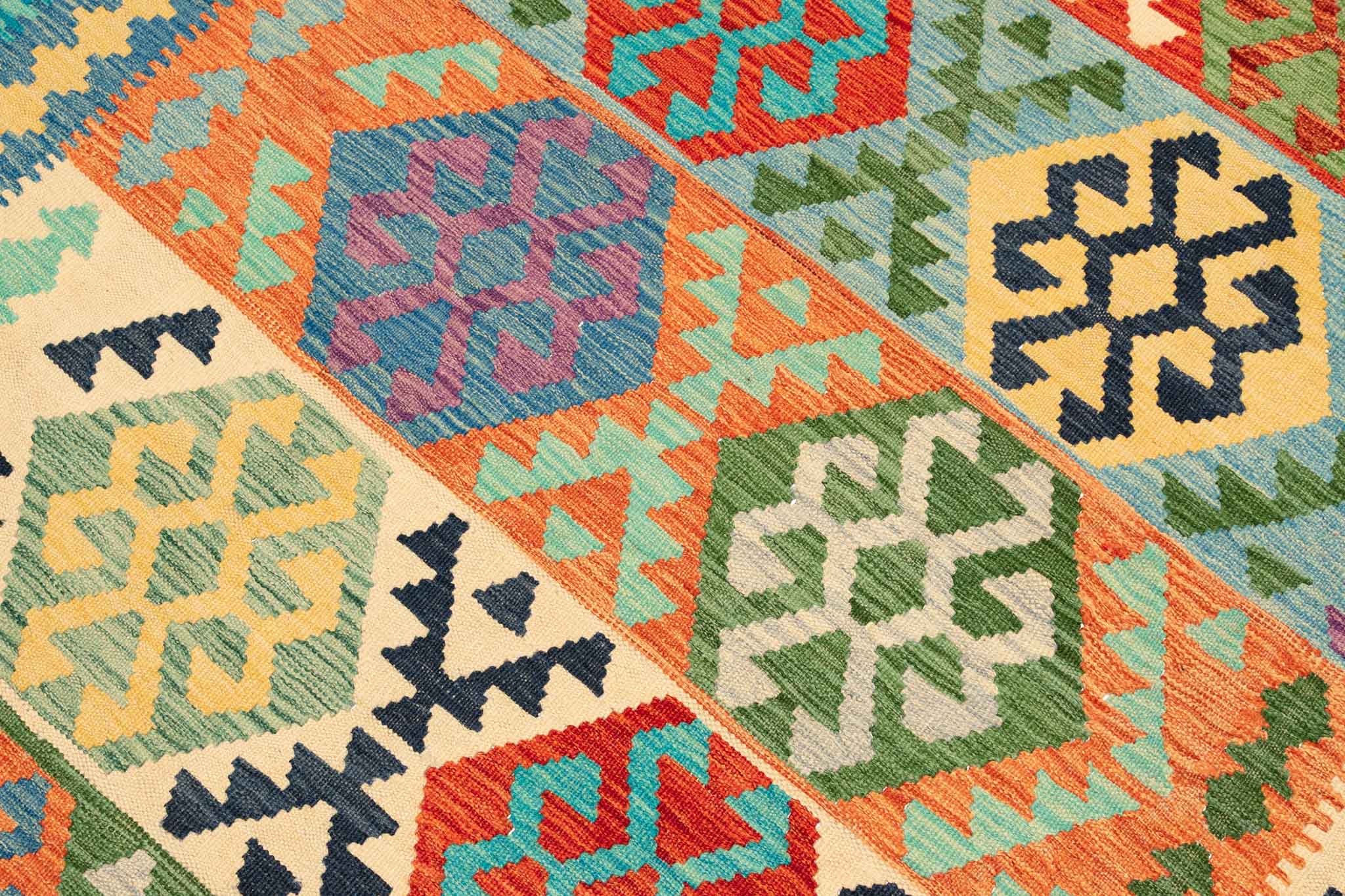 Handgewebter Kelim-Teppich aus Schurwolle, 200 × 300 cm