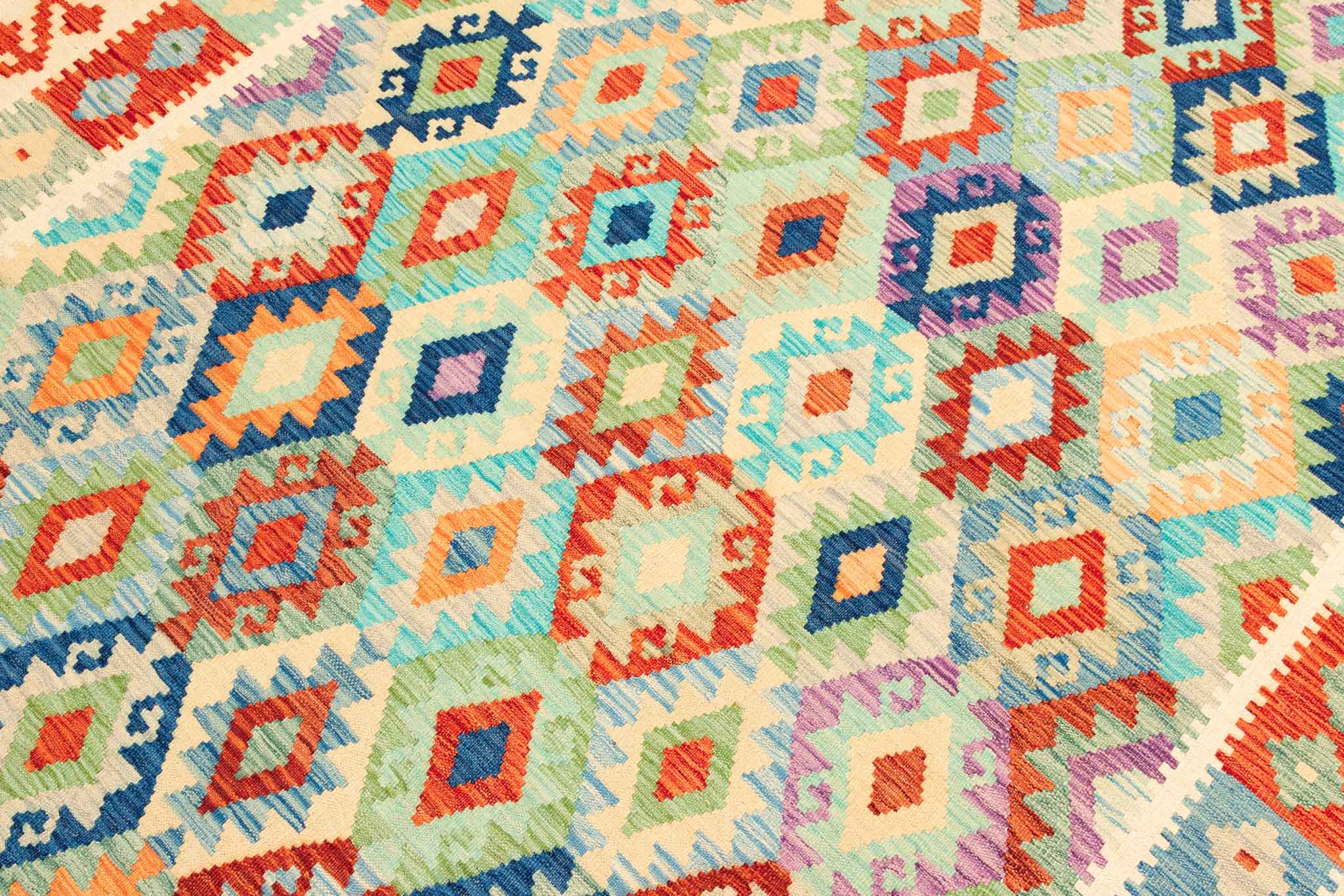 Handgewebter Kelim-Teppich aus Schurwolle, 202 × 298 cm