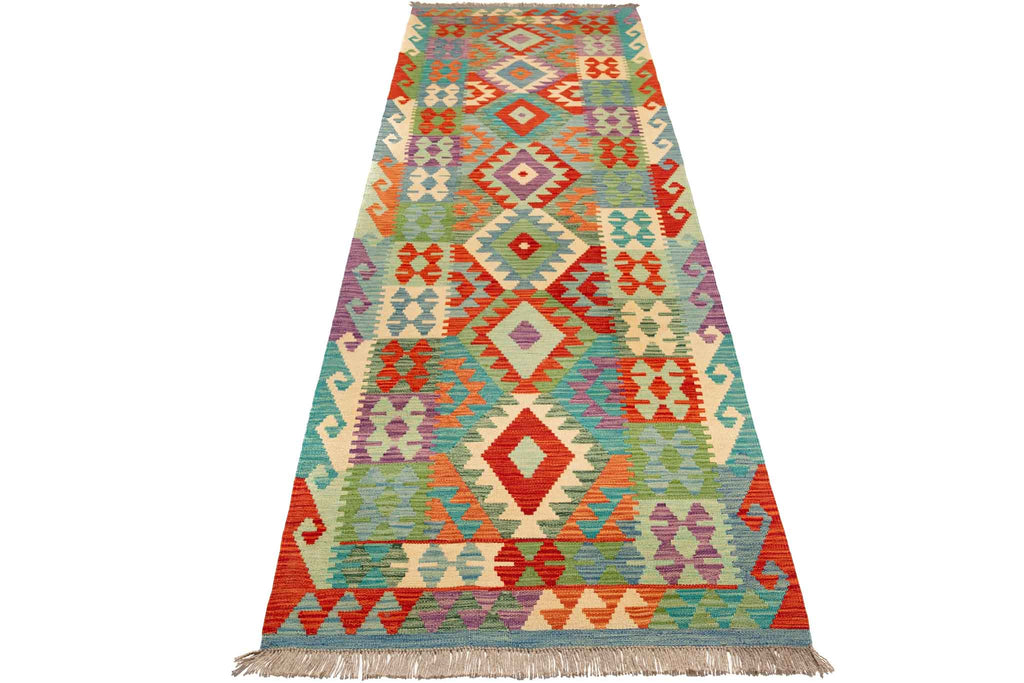 Handgewebter Kelim-Teppich aus Schurwolle, 88 × 294 cm