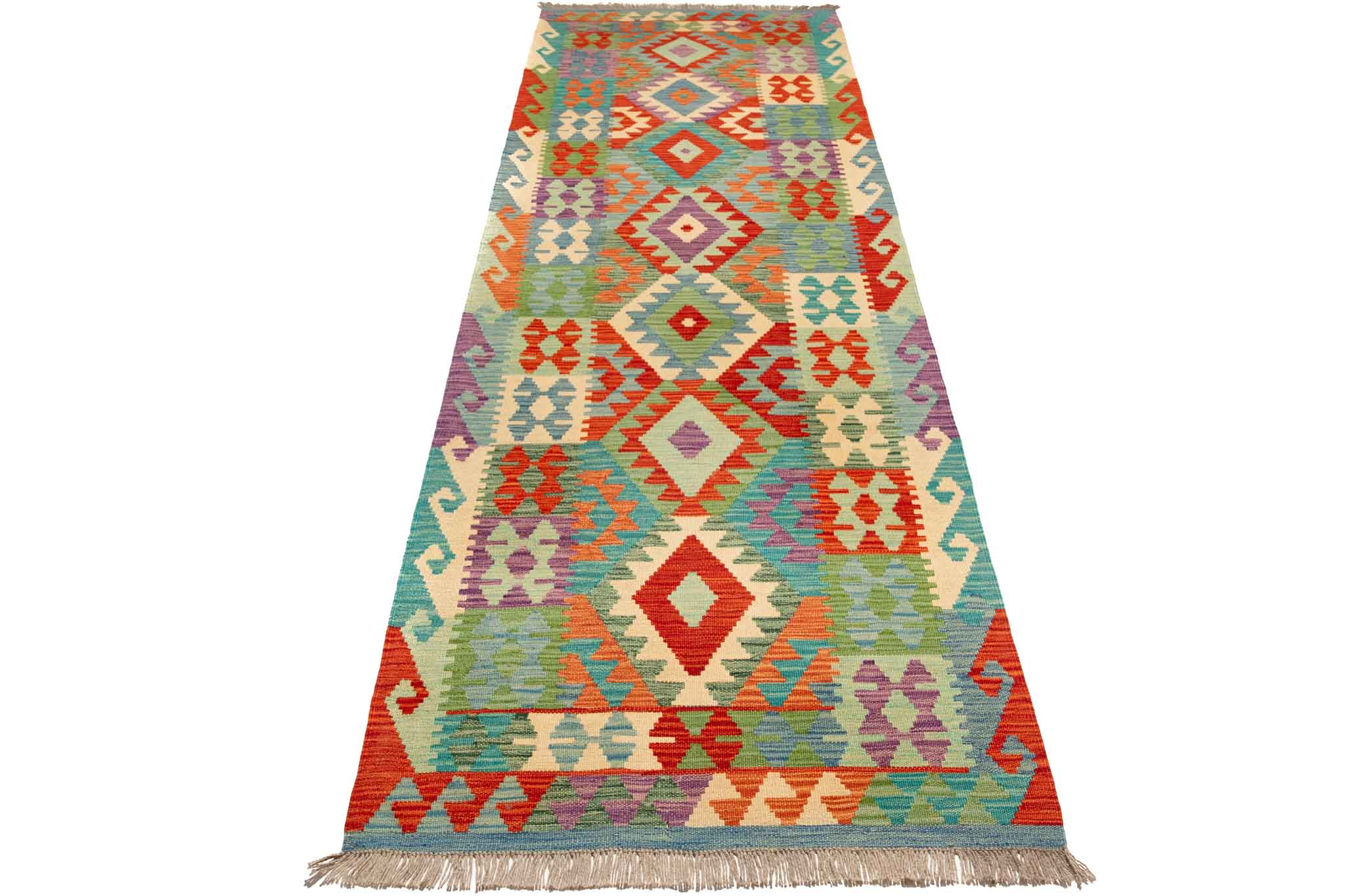 Handgewebter Kelim-Teppich aus Schurwolle, 88 × 294 cm