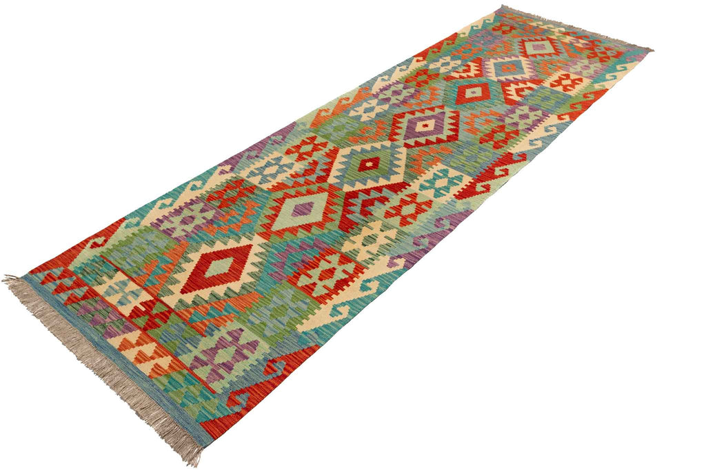 Handgewebter Kelim-Teppich aus Schurwolle, 88 × 294 cm