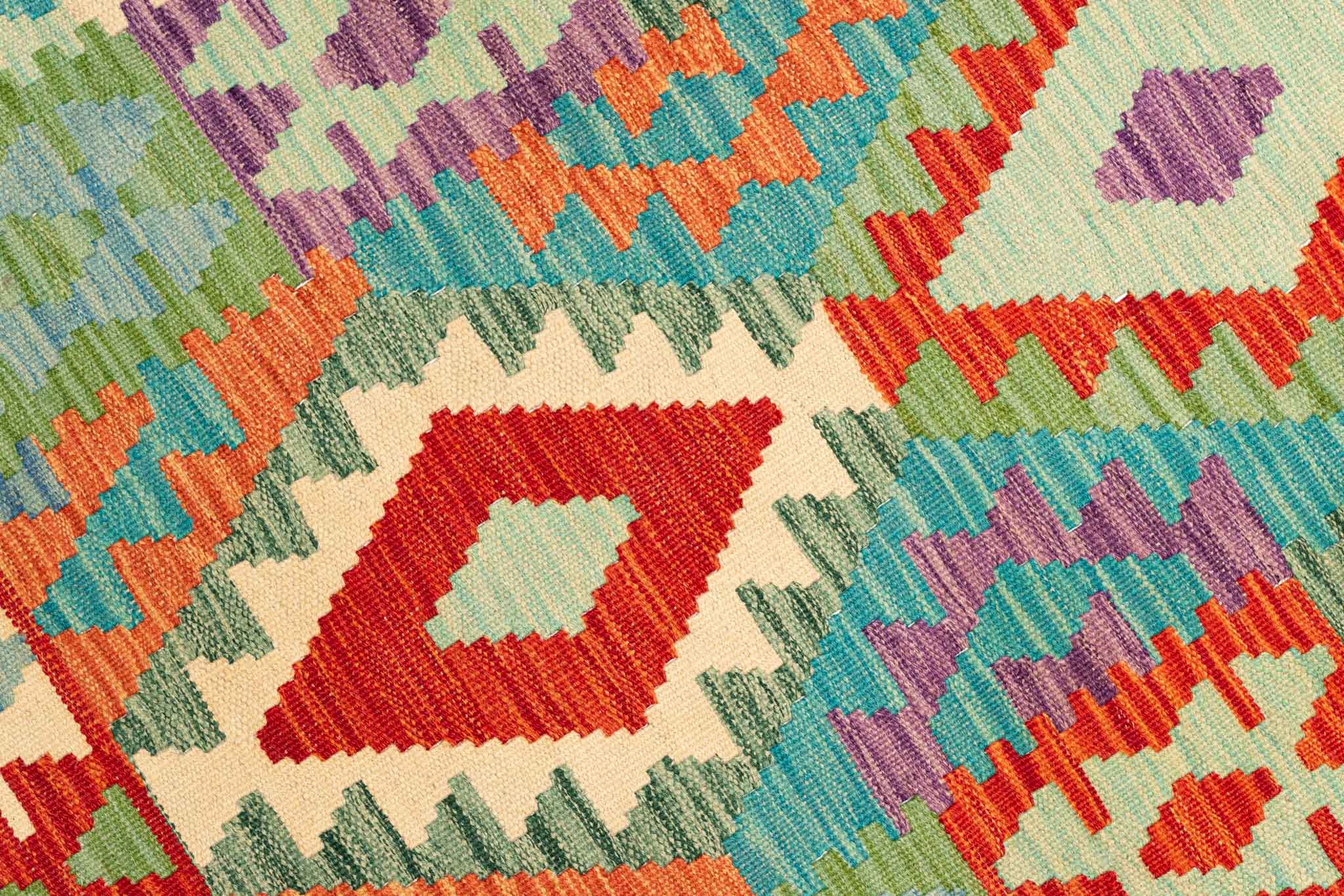 Handgewebter Kelim-Teppich aus Schurwolle, 88 × 294 cm