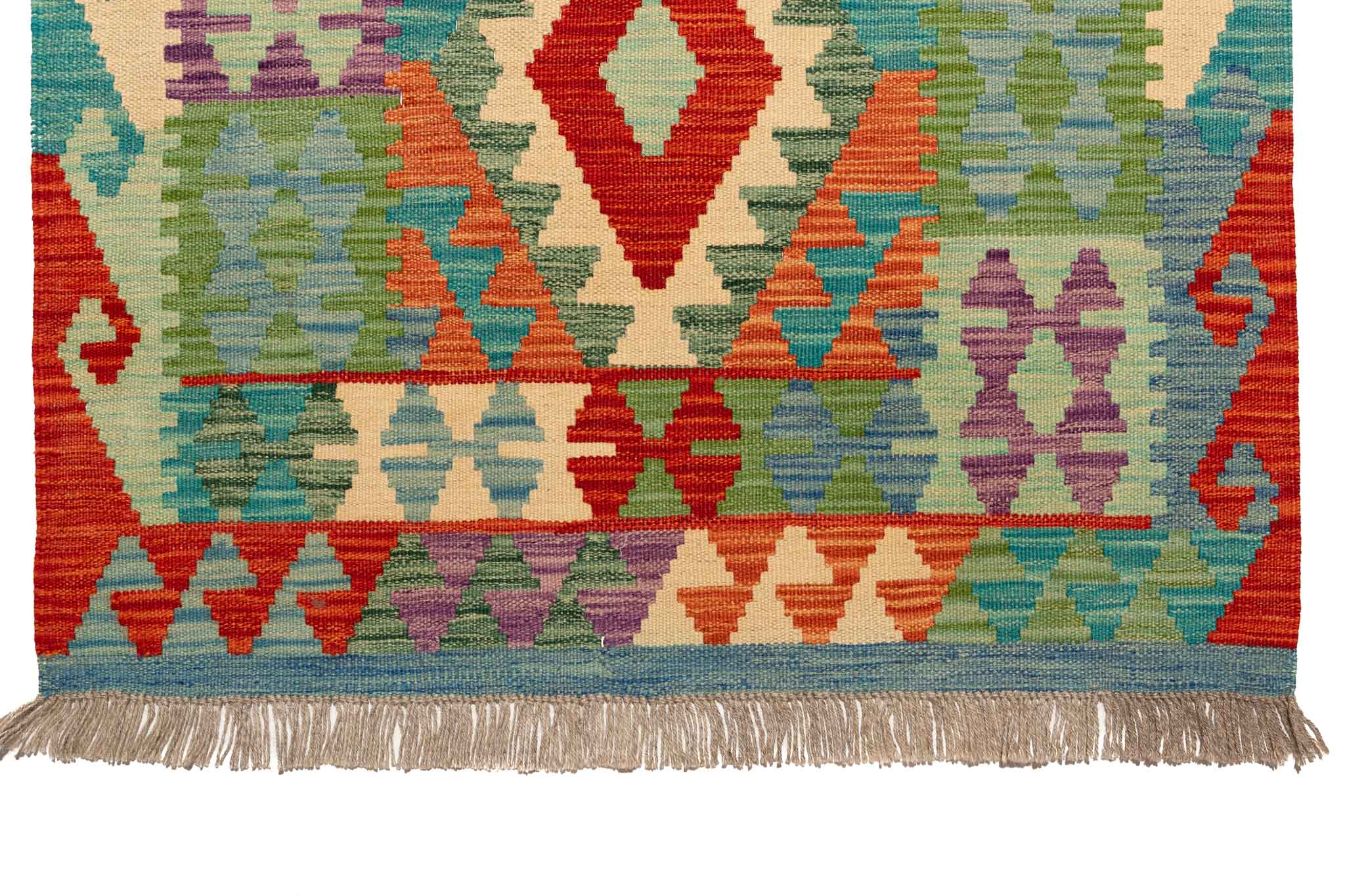 Handgewebter Kelim-Teppich aus Schurwolle, 88 × 294 cm
