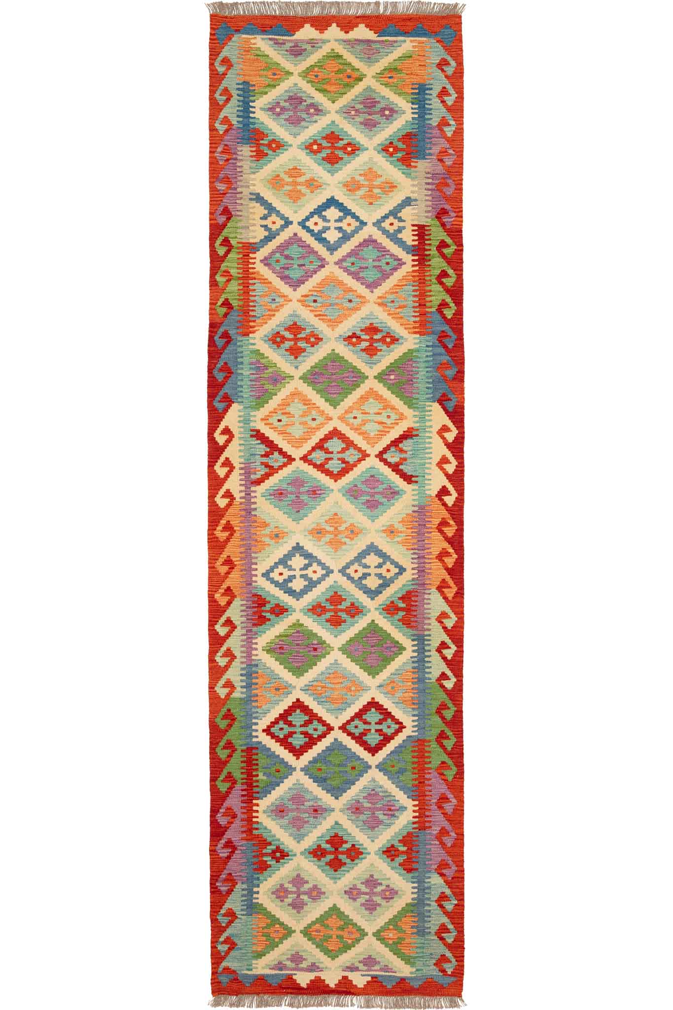 Handgewebter Kelim-Teppich aus Schurwolle, 79 × 305 cm