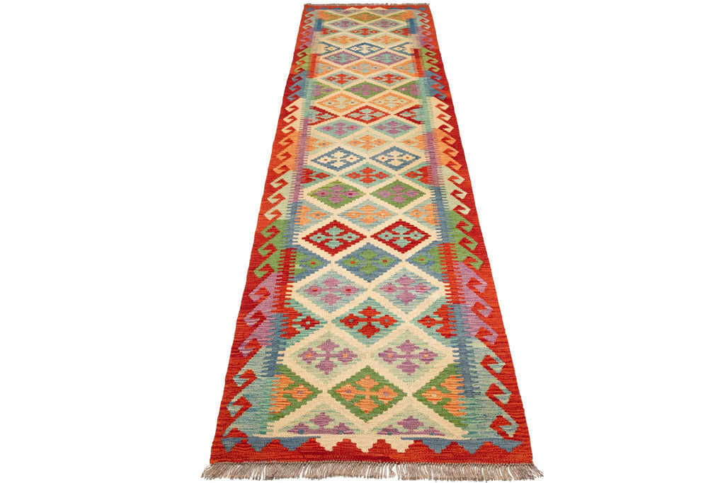 Handgewebter Kelim-Teppich aus Schurwolle, 79 × 305 cm