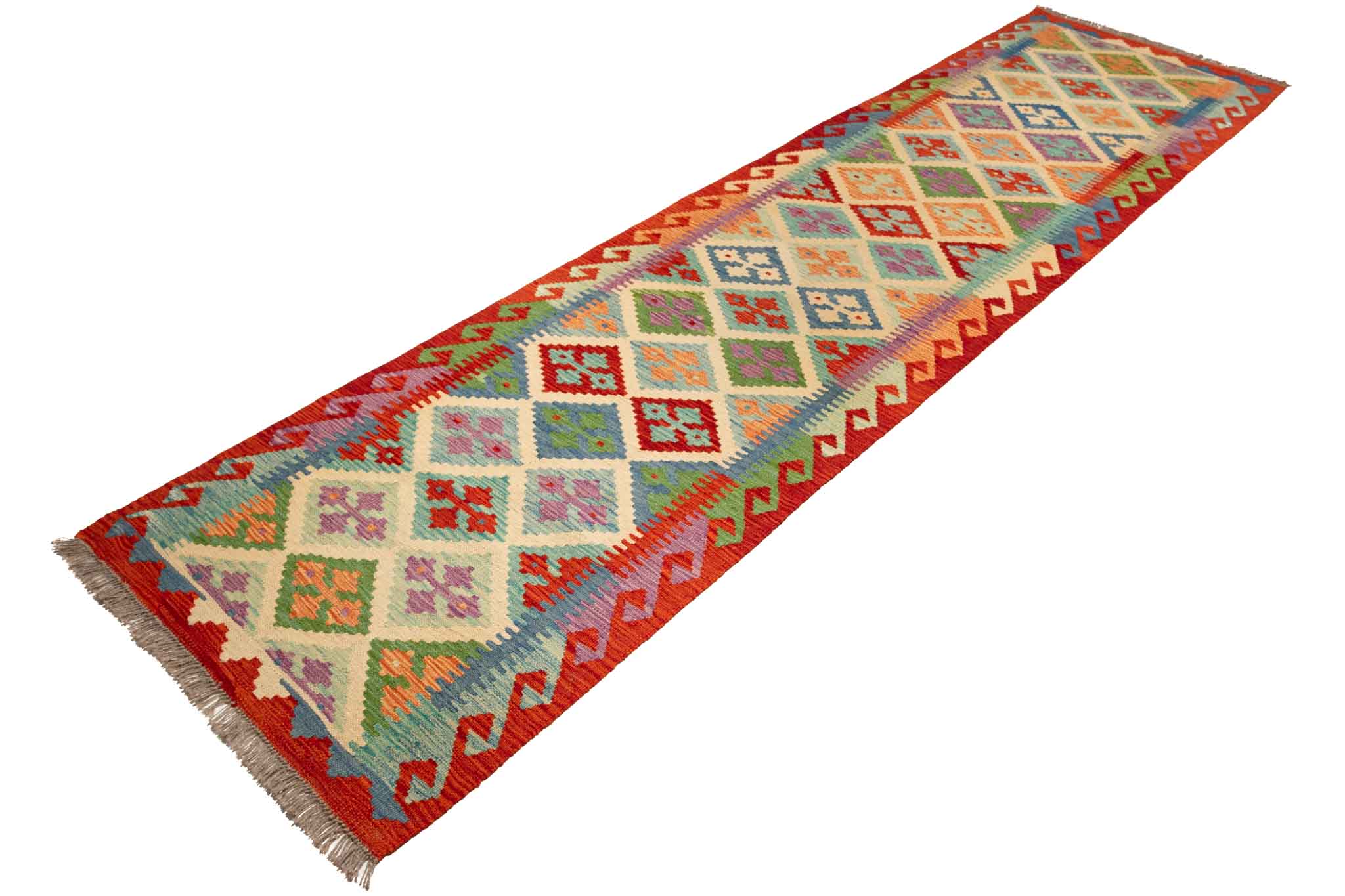 Handgewebter Kelim-Teppich aus Schurwolle, 79 × 305 cm