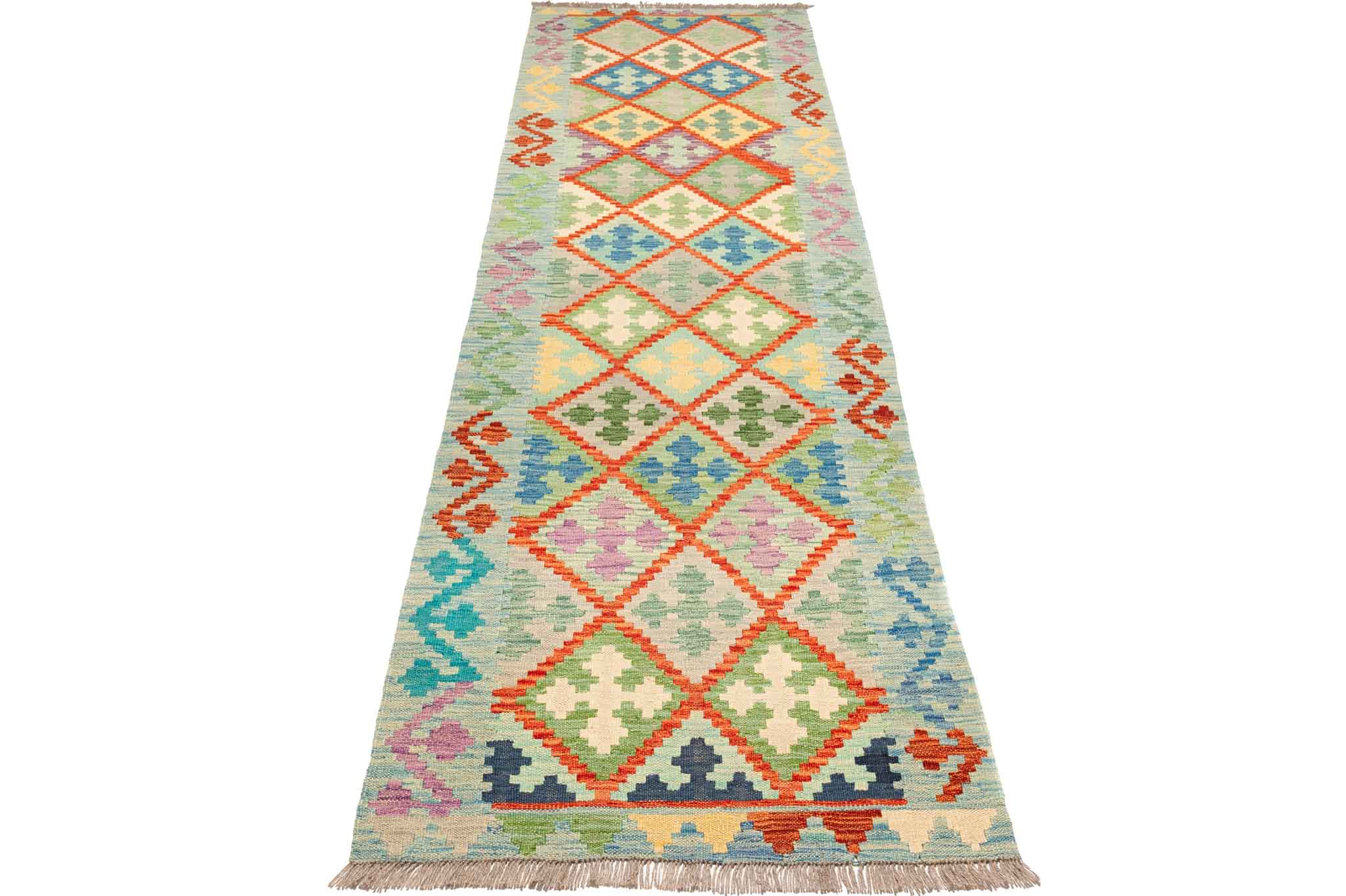 Handgewebter Kelim-Teppich aus Schurwolle, 81 × 289 cm